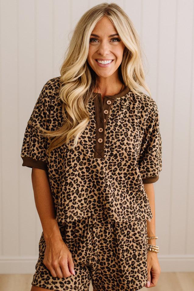Textured Leopard Print Henley Short Set