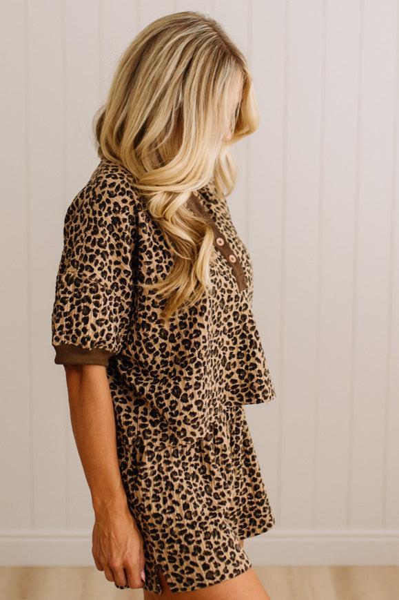 Textured Leopard Print Henley Short Set
