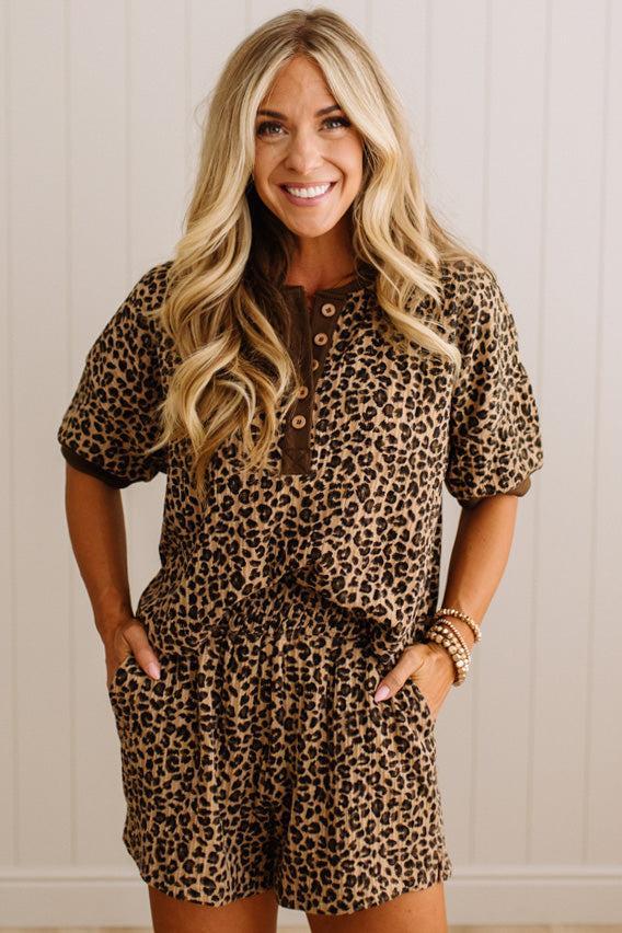 Textured Leopard Print Henley Short Set