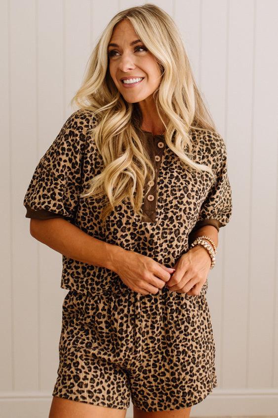 Textured Leopard Print Henley Short Set