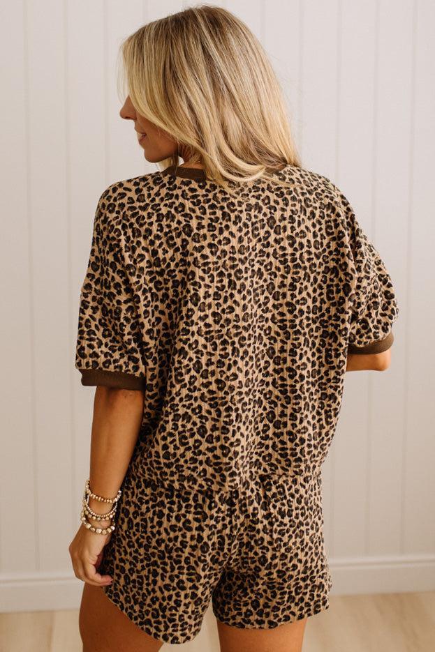Textured Leopard Print Henley Short Set