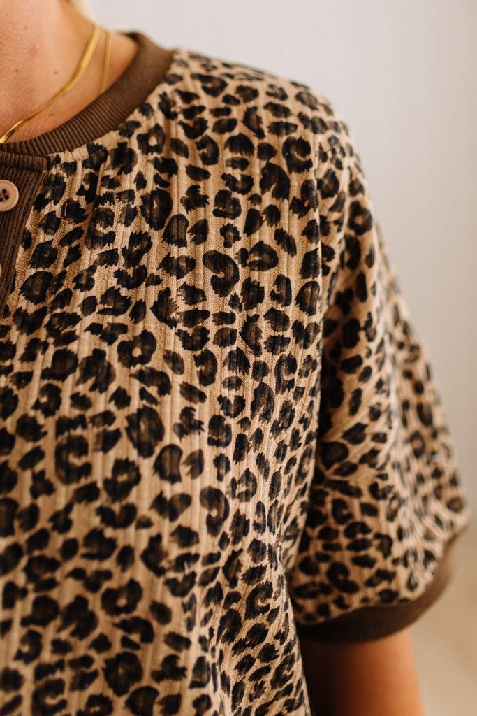 Textured Leopard Print Henley Short Set