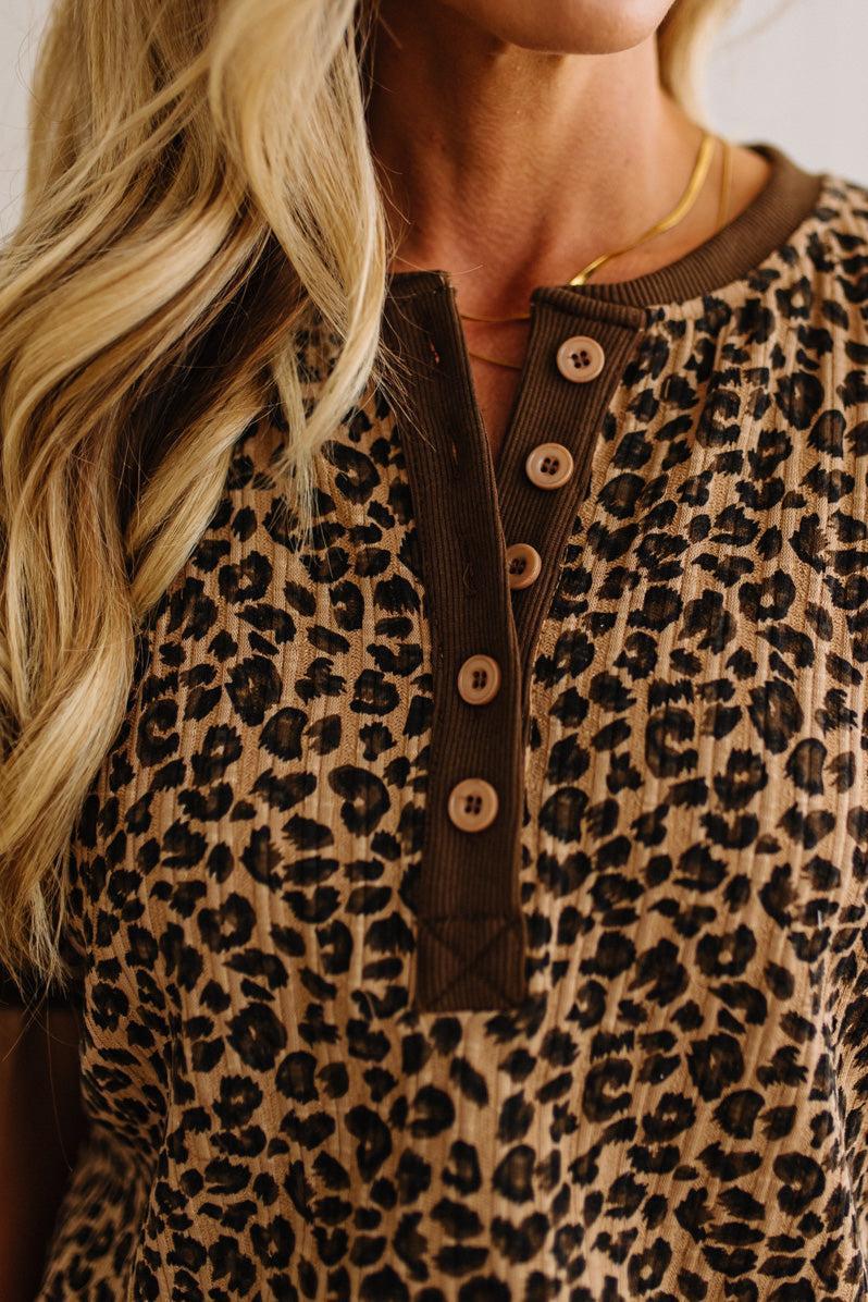 Textured Leopard Print Henley Short Set