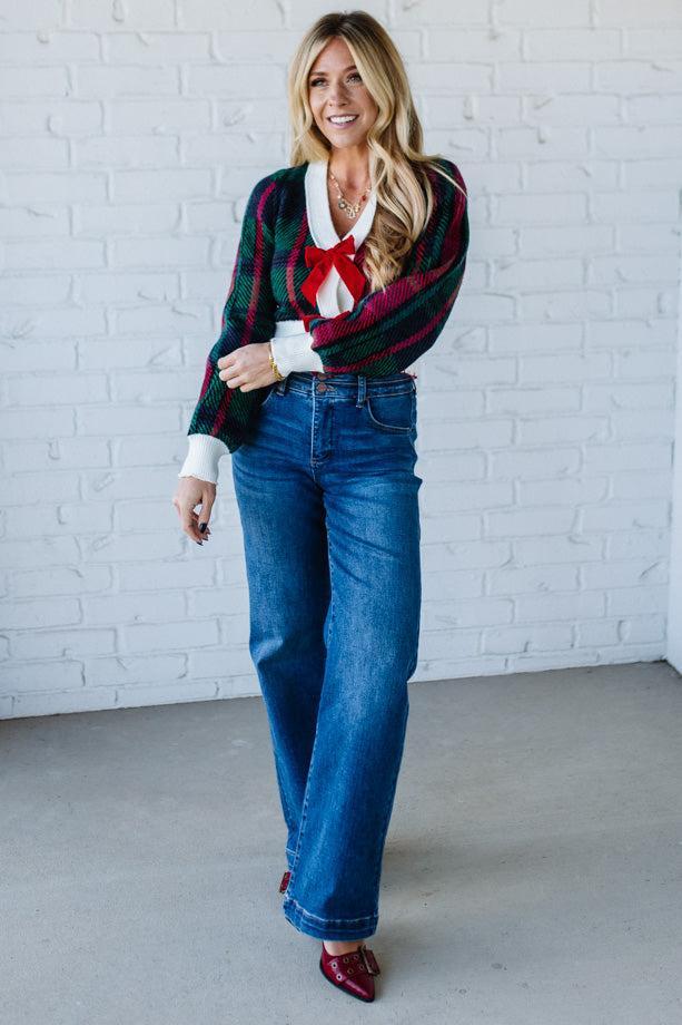 Velvet Bow Plaid Sweater