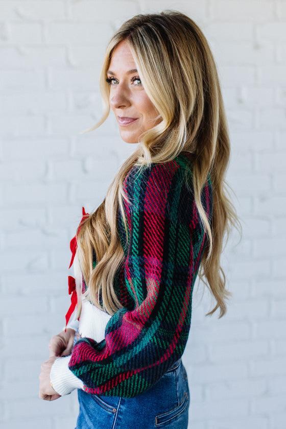 Velvet Bow Plaid Sweater