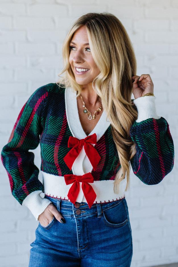 Velvet Bow Plaid Sweater