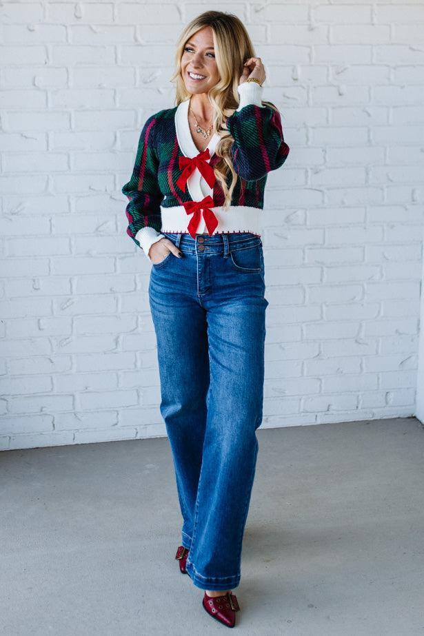 Velvet Bow Plaid Sweater