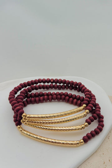 Wood Bead Stretch Bracelet Set | Burgundy