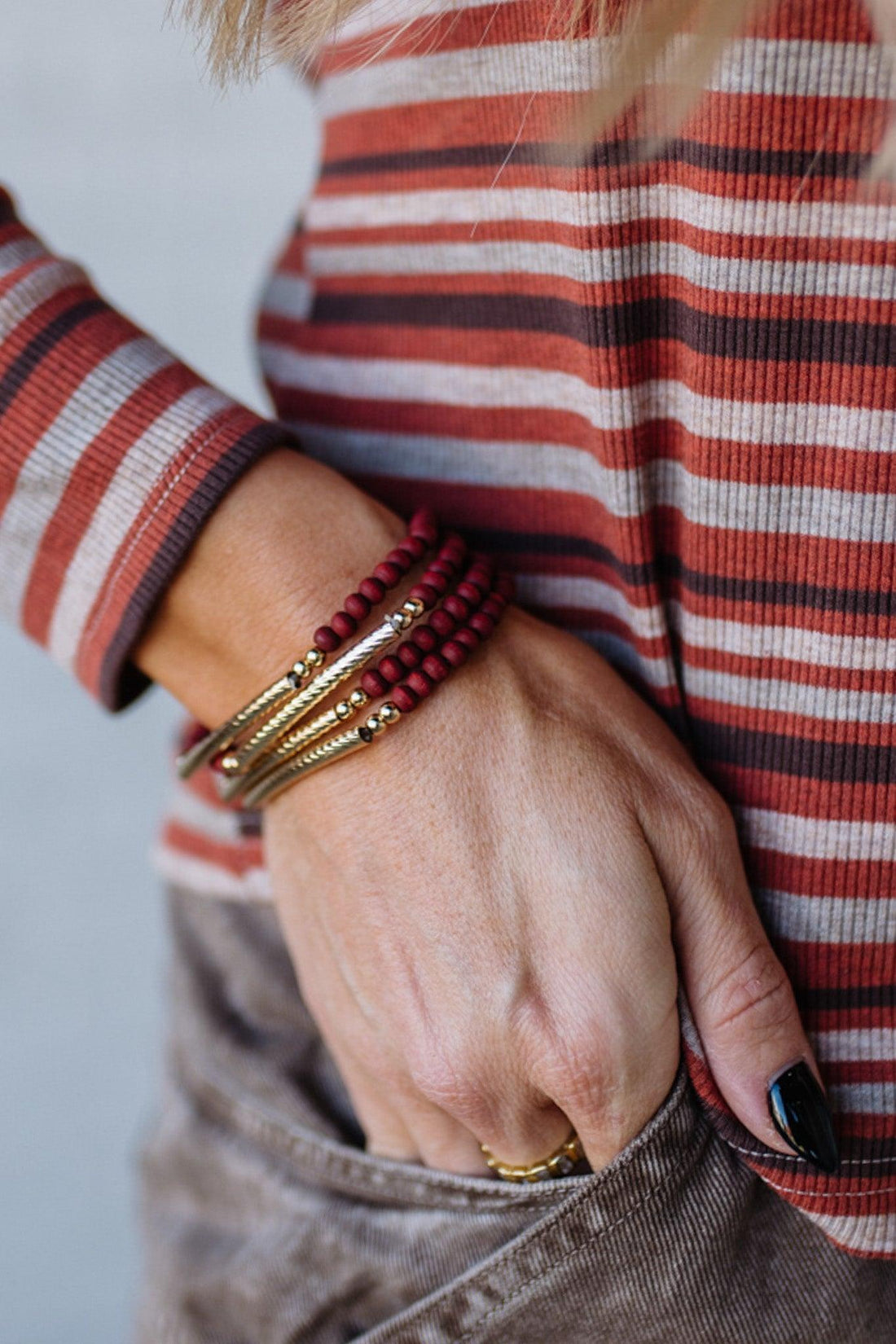 Wood Bead Stretch Bracelet Set | Burgundy