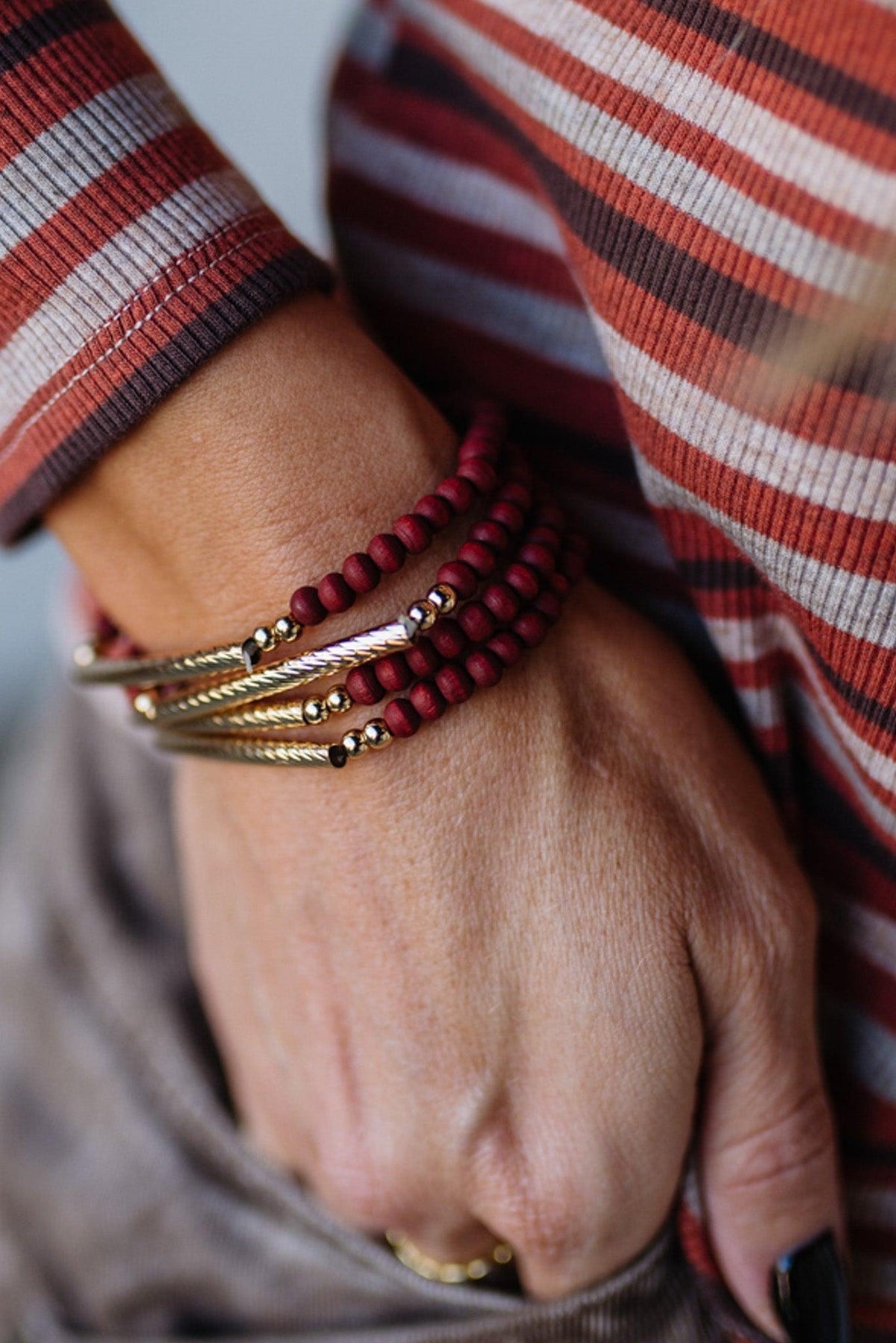 Wood Bead Stretch Bracelet Set | Burgundy