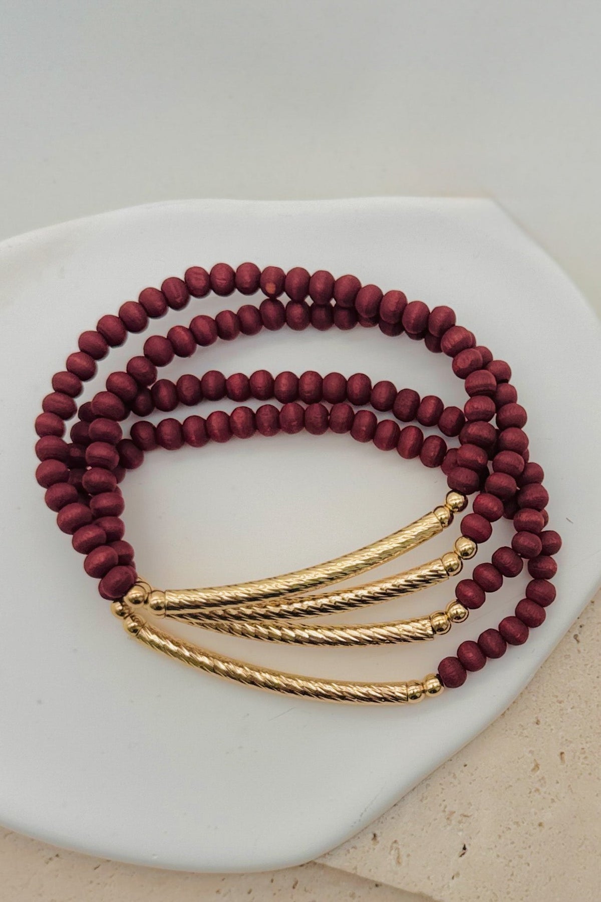 Wood Bead Stretch Bracelet Set | Burgundy