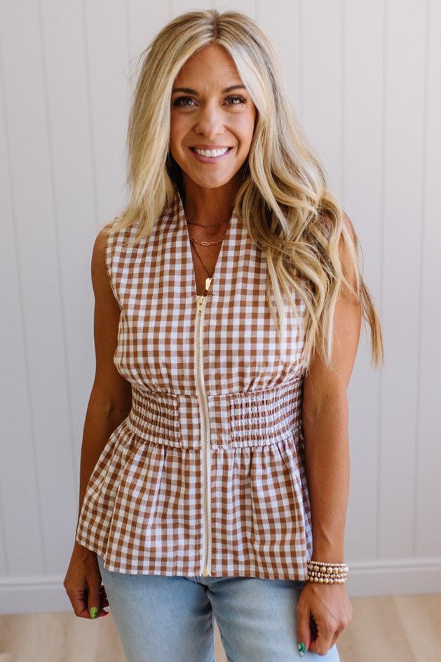 Zip Front Gingham Tank