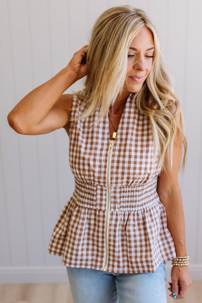 Zip Front Gingham Tank