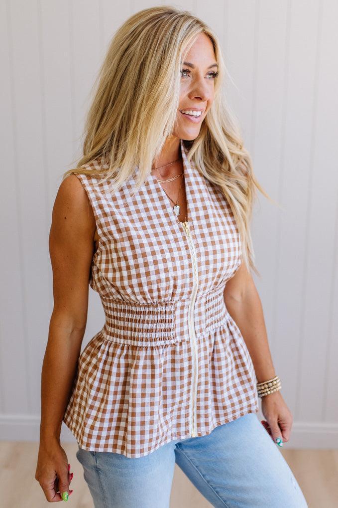Zip Front Gingham Tank