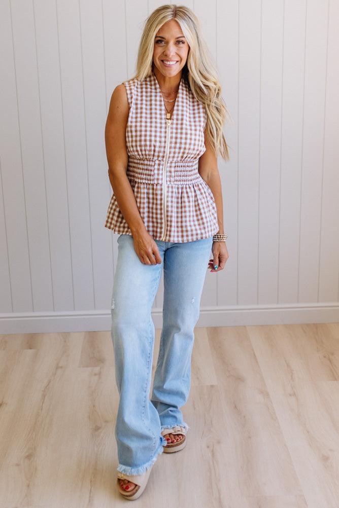 Zip Front Gingham Tank