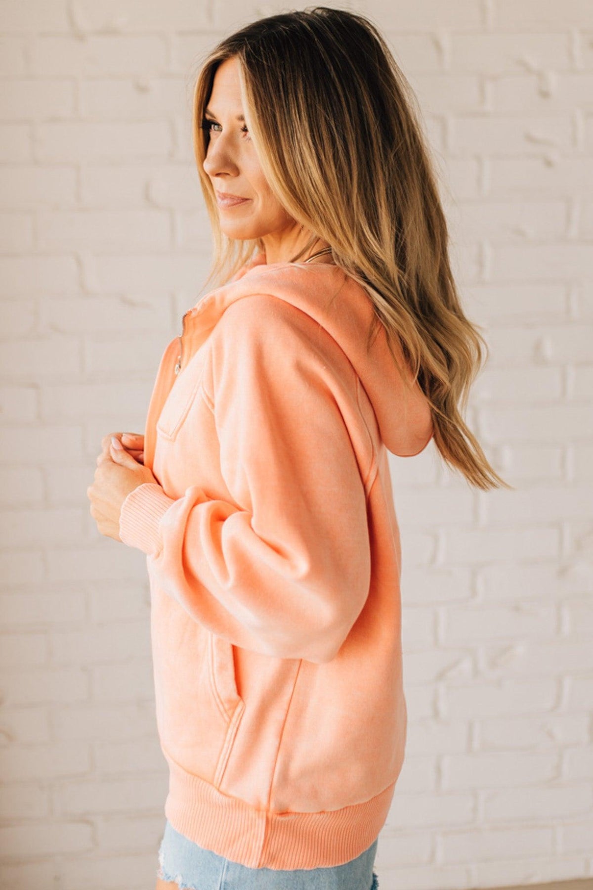 Zip Henley Acid Wash Fleece Hoodie