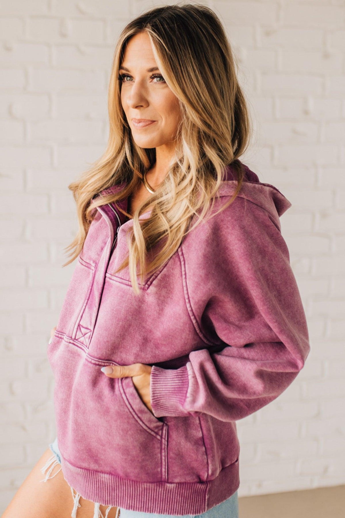 Zip Henley Acid Wash Fleece Hoodie