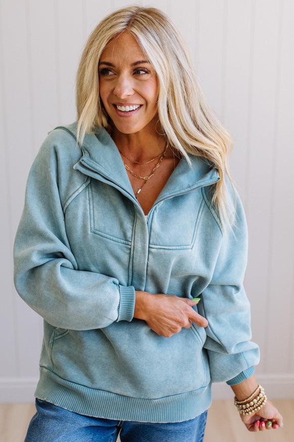 Zip Henley Acid Wash Fleece Hoodie