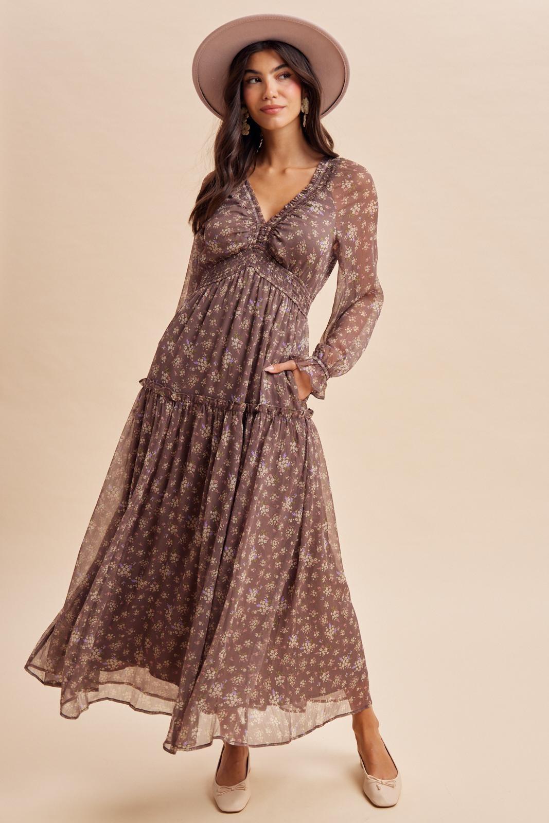 Deena Deep V Ruffle Detail Maxi Dress